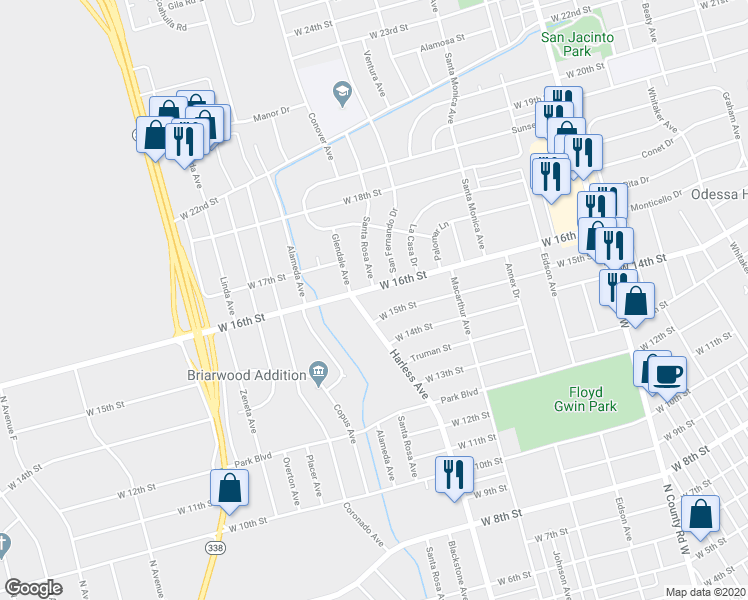 map of restaurants, bars, coffee shops, grocery stores, and more near 2443 West 16th Street in Odessa