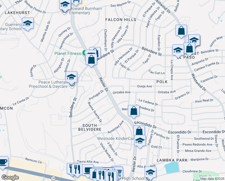 map of restaurants, bars, coffee shops, grocery stores, and more near 7045 Orizaba Avenue in El Paso