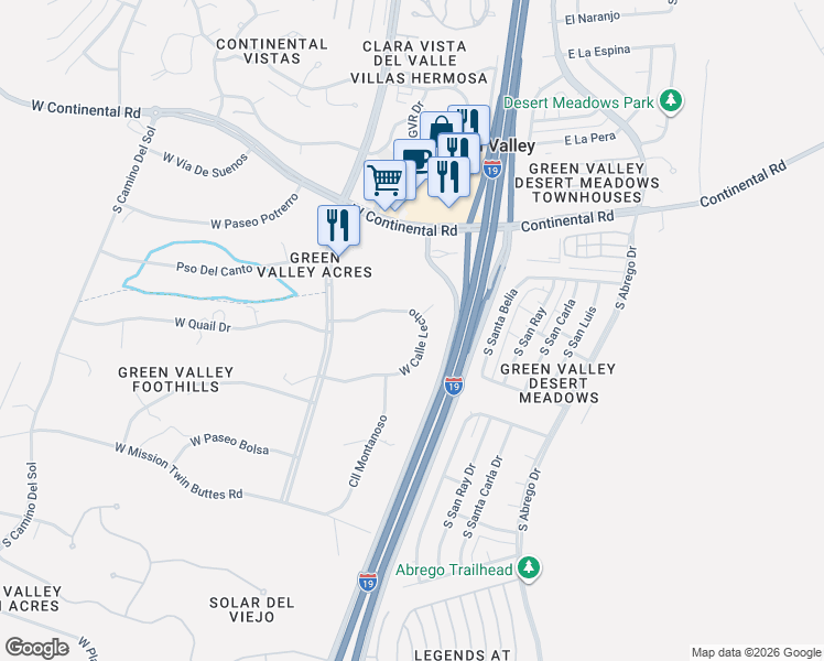 map of restaurants, bars, coffee shops, grocery stores, and more near 201 West Calle Lecho in Green Valley