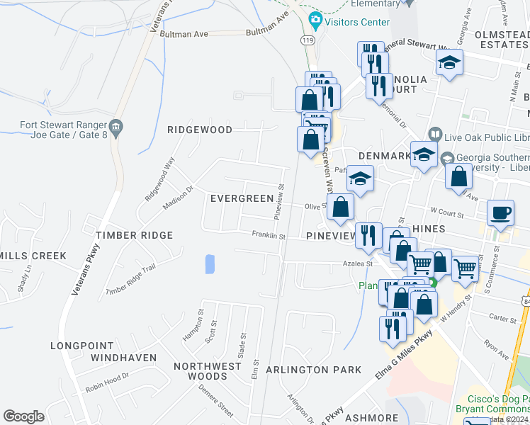 map of restaurants, bars, coffee shops, grocery stores, and more near 605 Palmetto Street in Hinesville