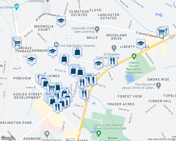 map of restaurants, bars, coffee shops, grocery stores, and more near 208 East Court Street in Hinesville