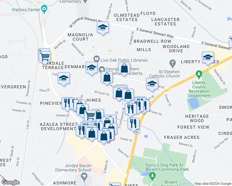 map of restaurants, bars, coffee shops, grocery stores, and more near West Pine Street in Hinesville