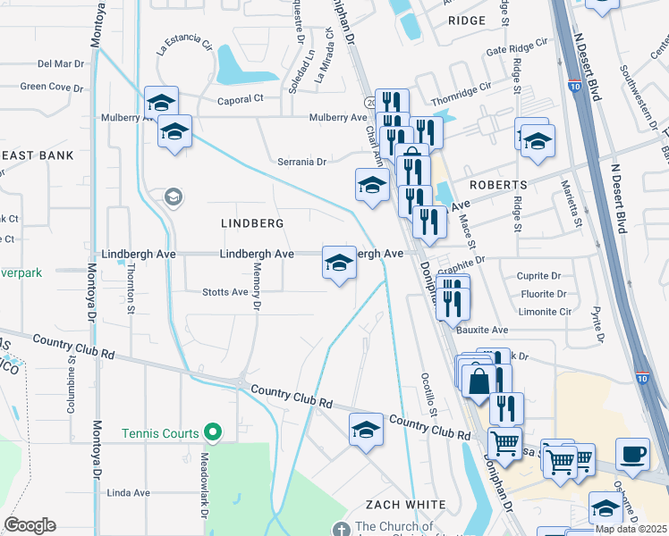 map of restaurants, bars, coffee shops, grocery stores, and more near 250 Lindbergh Avenue in El Paso