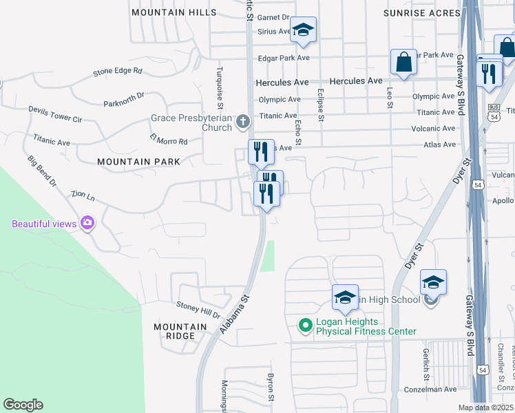 map of restaurants, bars, coffee shops, grocery stores, and more near 3334 Zion Lane in El Paso