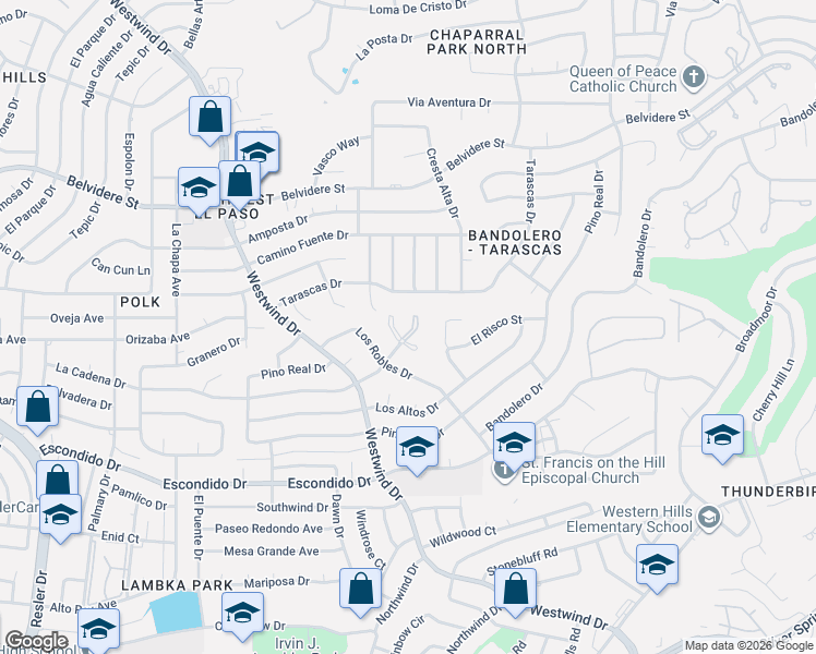map of restaurants, bars, coffee shops, grocery stores, and more near 500 La Cantera Drive in El Paso
