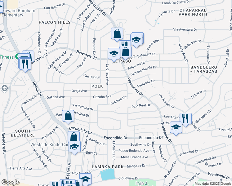 map of restaurants, bars, coffee shops, grocery stores, and more near 7041 Orizaba in El Paso
