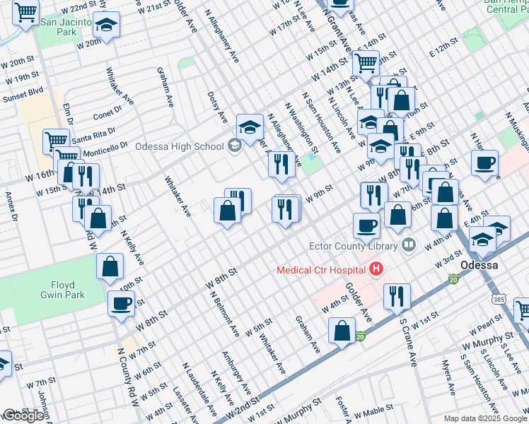 map of restaurants, bars, coffee shops, grocery stores, and more near 901-999 Bernice Avenue in Odessa