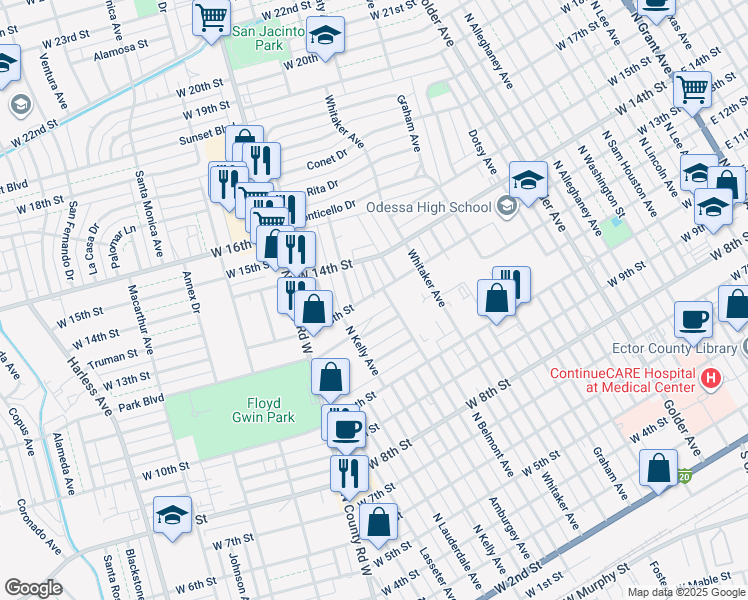 map of restaurants, bars, coffee shops, grocery stores, and more near 1415 West 13th Street in Odessa