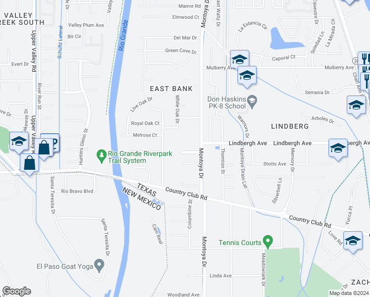 map of restaurants, bars, coffee shops, grocery stores, and more near 735 Rio Valle Court in El Paso