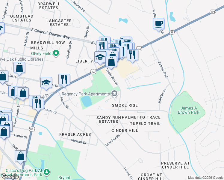 map of restaurants, bars, coffee shops, grocery stores, and more near 800 Regency Place in Hinesville