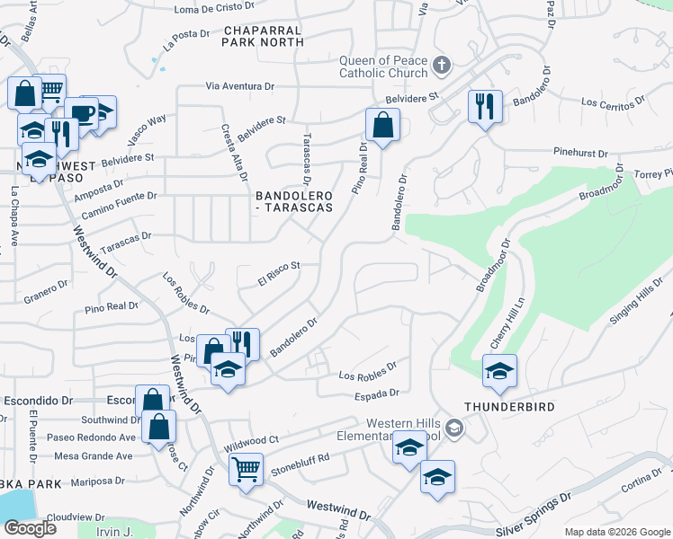 map of restaurants, bars, coffee shops, grocery stores, and more near 6217 Bandolero Drive in El Paso