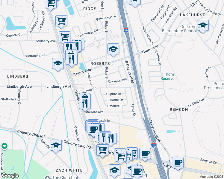 map of restaurants, bars, coffee shops, grocery stores, and more near 233 Cuprite Drive in El Paso