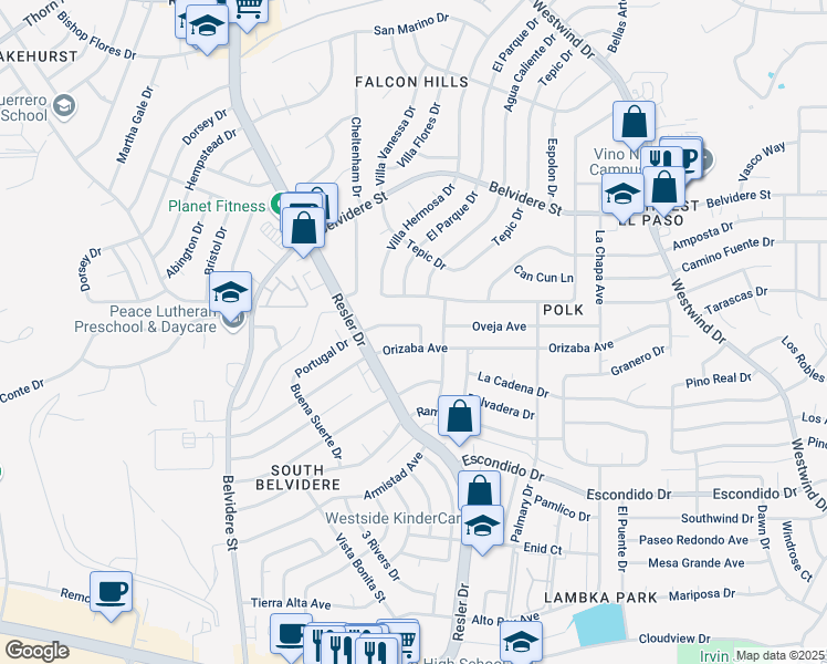 map of restaurants, bars, coffee shops, grocery stores, and more near 7030 Portugal Drive in El Paso