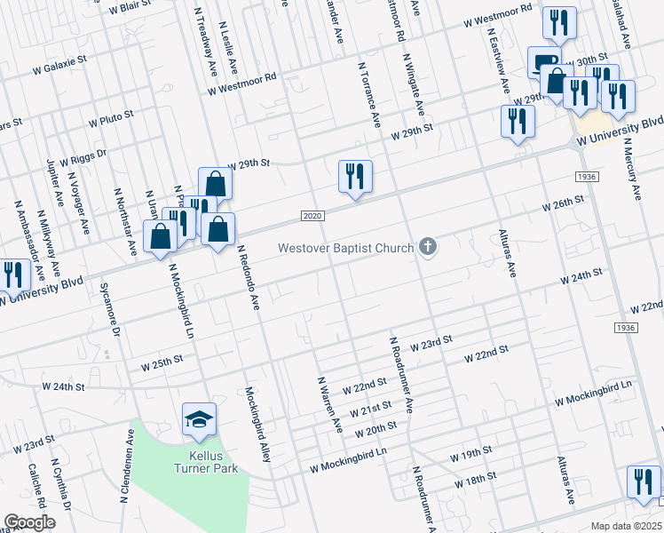 map of restaurants, bars, coffee shops, grocery stores, and more near 2600 North Huntington Avenue in Odessa