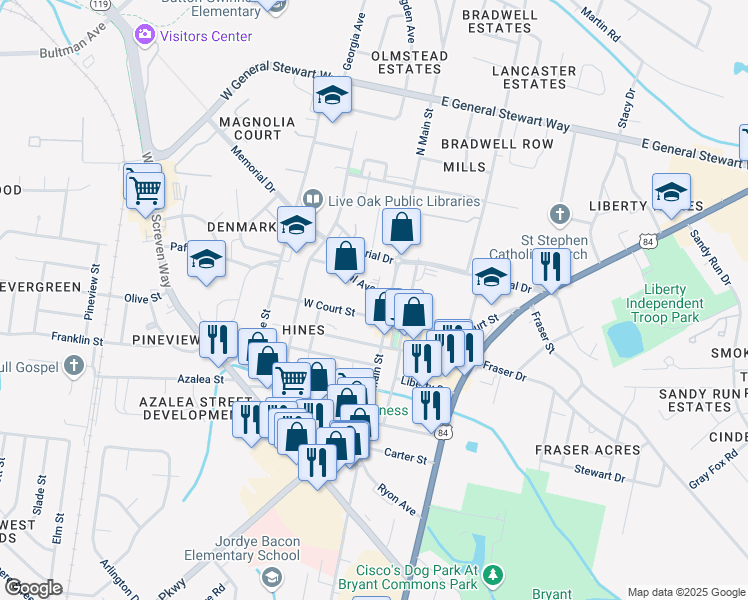 map of restaurants, bars, coffee shops, grocery stores, and more near 105b West Street in Hinesville