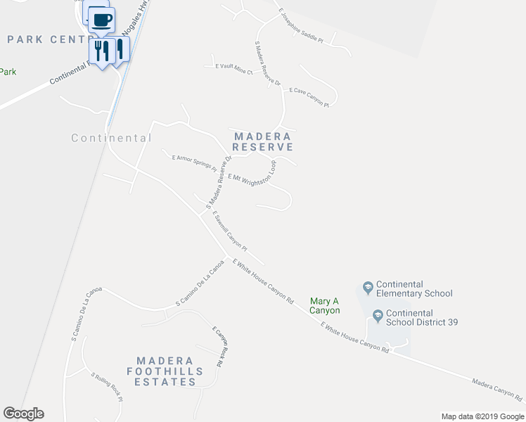 map of restaurants, bars, coffee shops, grocery stores, and more near 1561 South Walnut Spring Place in Green Valley