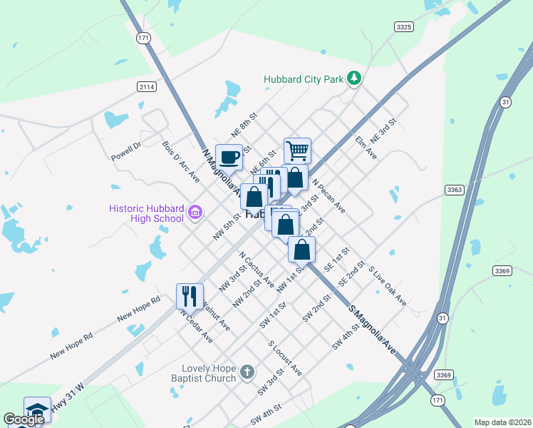 map of restaurants, bars, coffee shops, grocery stores, and more near in Hubbard