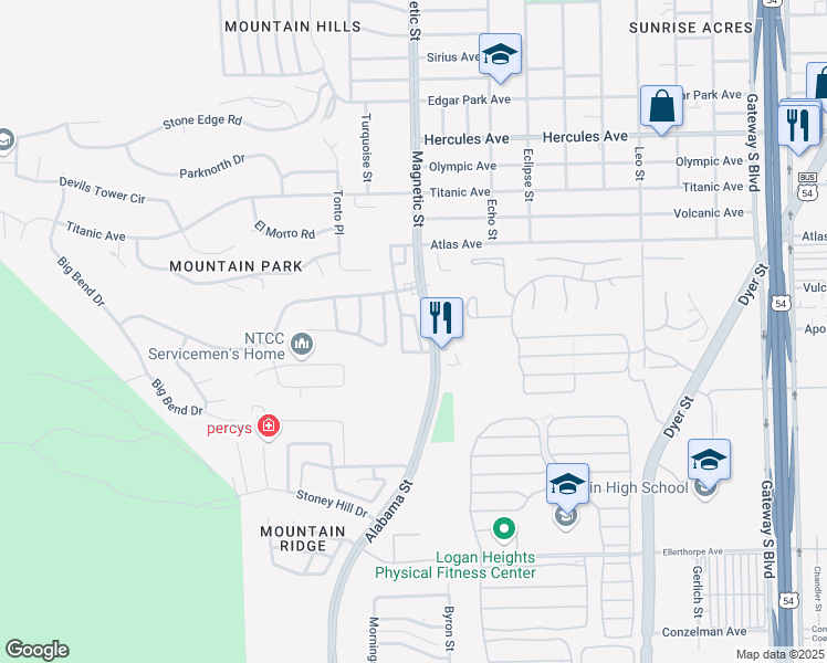 map of restaurants, bars, coffee shops, grocery stores, and more near 3316 Old Spanish Trail in El Paso