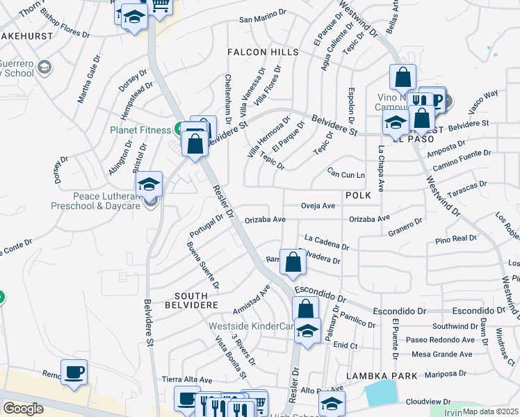 map of restaurants, bars, coffee shops, grocery stores, and more near 7019 Orizaba Avenue in El Paso