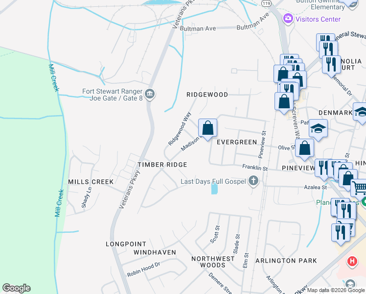 map of restaurants, bars, coffee shops, grocery stores, and more near 748 Madison Drive in Hinesville