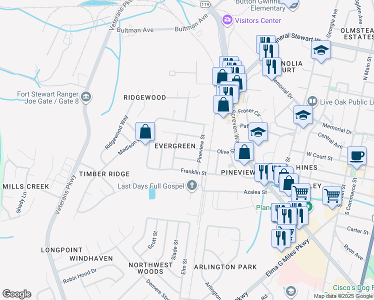 map of restaurants, bars, coffee shops, grocery stores, and more near 610 Olive Street in Hinesville