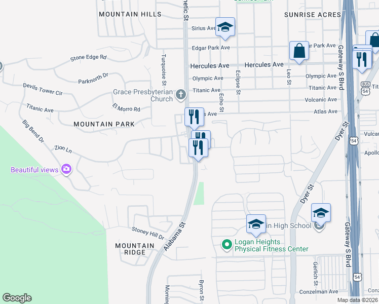 map of restaurants, bars, coffee shops, grocery stores, and more near 3334 Zion Lane in El Paso
