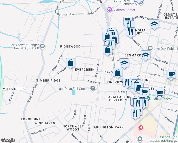 map of restaurants, bars, coffee shops, grocery stores, and more near 610 Palmetto Street in Hinesville