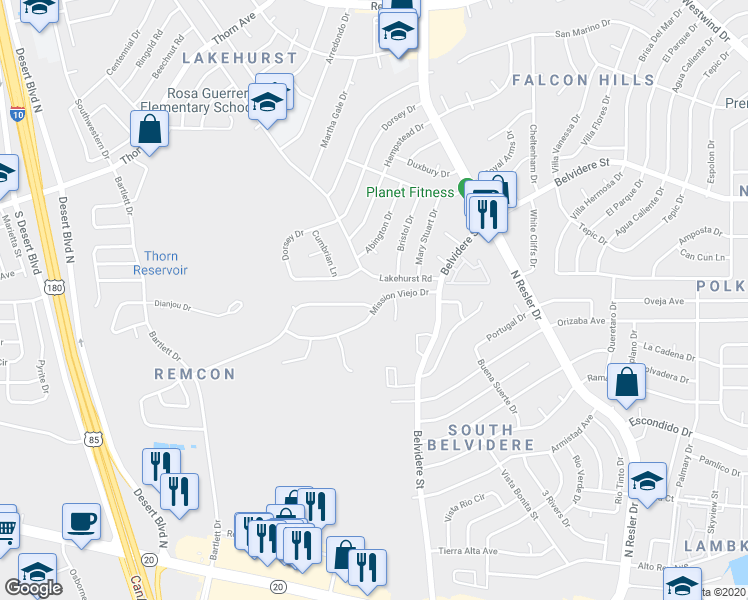 map of restaurants, bars, coffee shops, grocery stores, and more near 7401 Le Conte Drive in El Paso