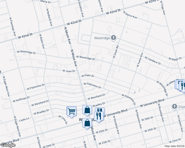 map of restaurants, bars, coffee shops, grocery stores, and more near 10164 West Palm Drive in Odessa