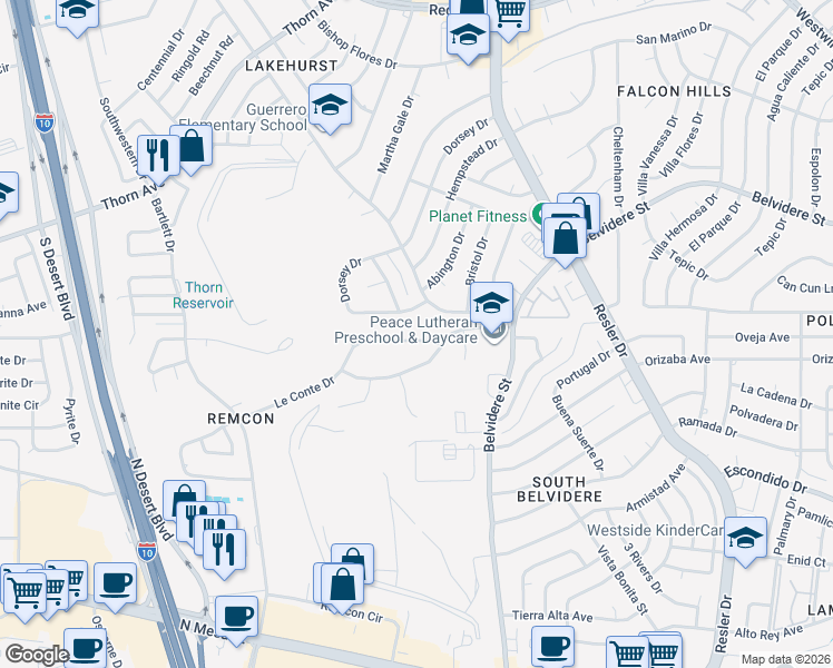 map of restaurants, bars, coffee shops, grocery stores, and more near 600 Cumbrian Lane in El Paso