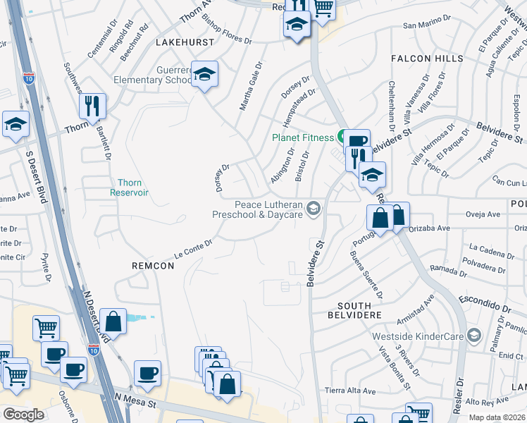 map of restaurants, bars, coffee shops, grocery stores, and more near 600 Cumbrian Lane in El Paso