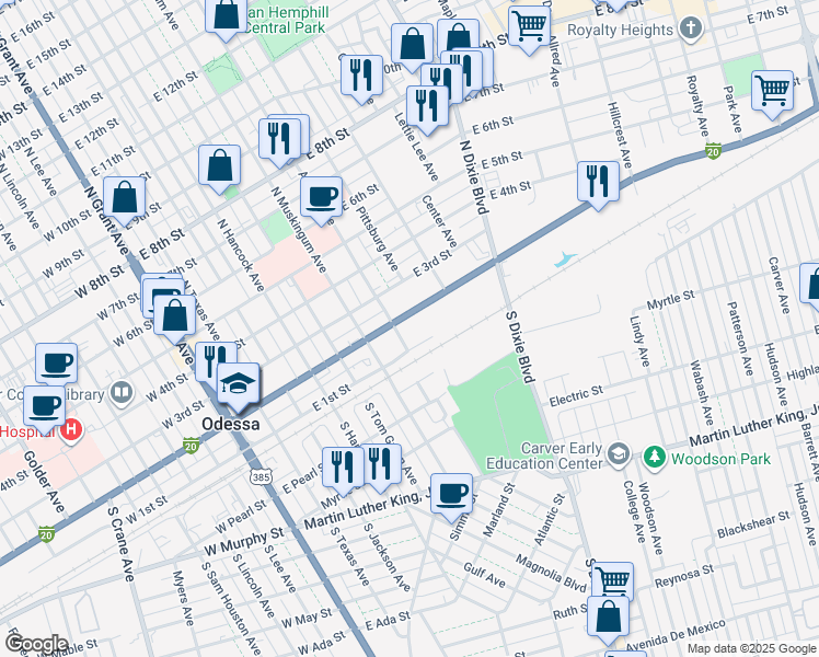 map of restaurants, bars, coffee shops, grocery stores, and more near 720 East 2nd Street in Odessa