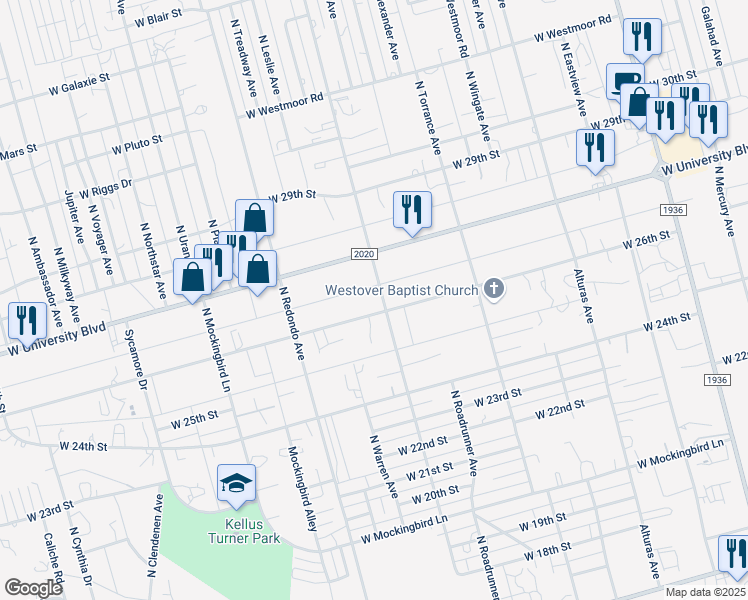 map of restaurants, bars, coffee shops, grocery stores, and more near 2600-2690 North Huntington Avenue in Odessa