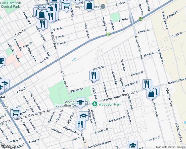 map of restaurants, bars, coffee shops, grocery stores, and more near 200 North Washington Avenue in Odessa