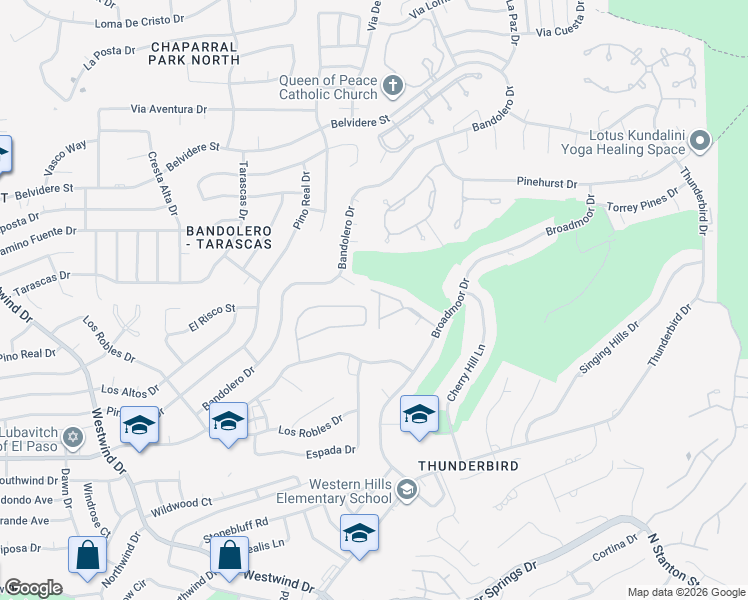 map of restaurants, bars, coffee shops, grocery stores, and more near 6001 Rinconcito Way in El Paso
