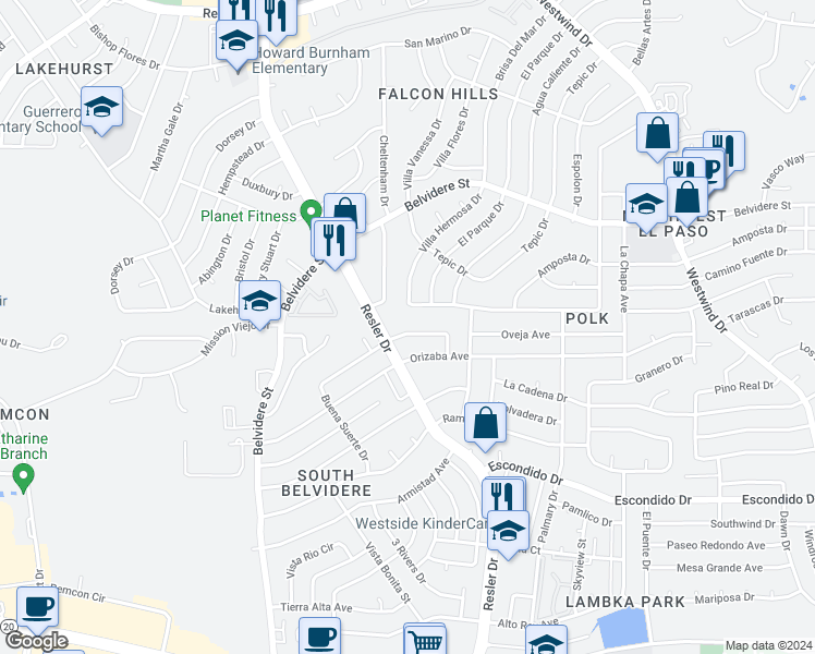 map of restaurants, bars, coffee shops, grocery stores, and more near 7061 Portugal Drive in El Paso