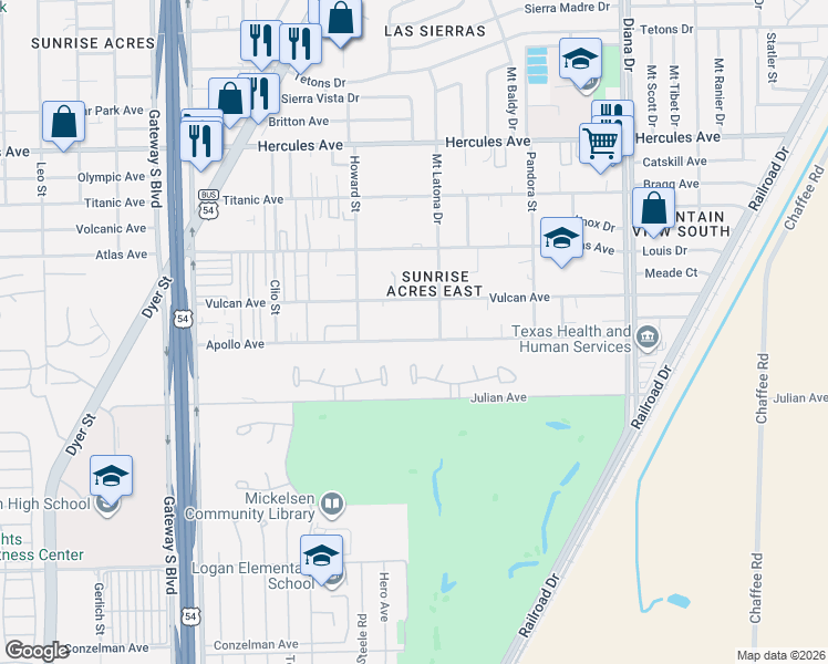 map of restaurants, bars, coffee shops, grocery stores, and more near 7611 Mount Latona Drive in El Paso