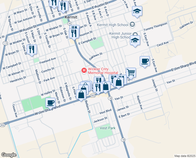 map of restaurants, bars, coffee shops, grocery stores, and more near 701-899 S Poplar St in Kermit