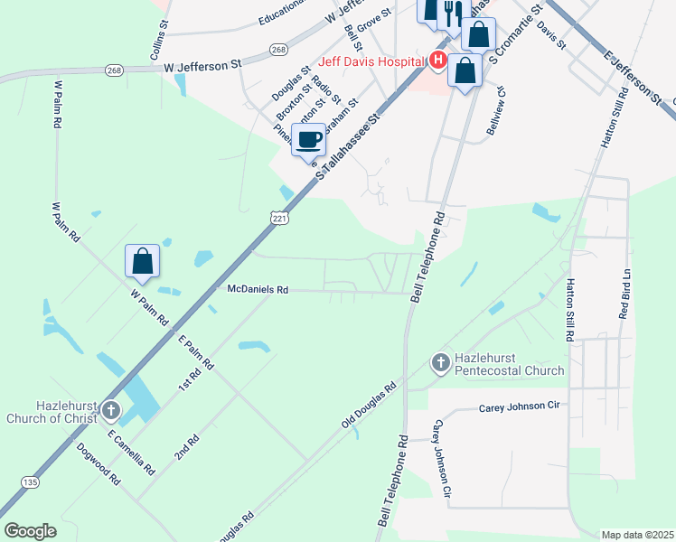 map of restaurants, bars, coffee shops, grocery stores, and more near 103 Bell Telephone Road in Hazlehurst