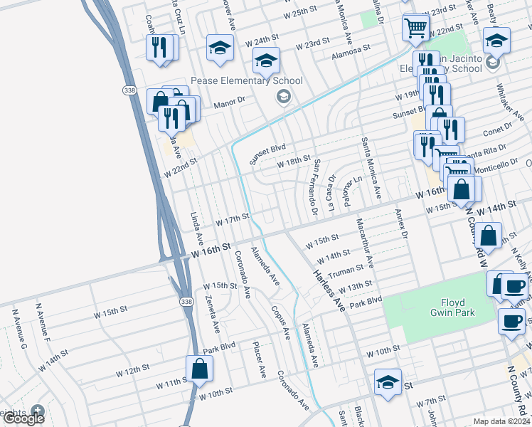 map of restaurants, bars, coffee shops, grocery stores, and more near 1905 West 17th Street in Odessa