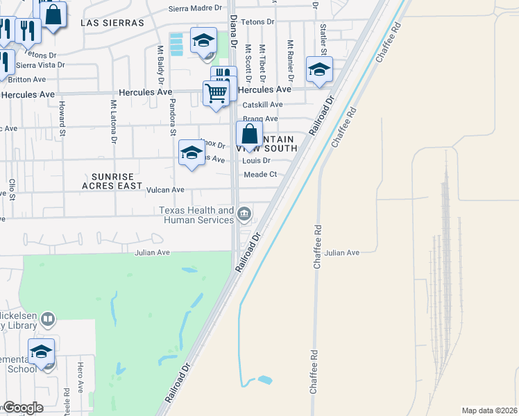map of restaurants, bars, coffee shops, grocery stores, and more near 5037 Riley Court in El Paso
