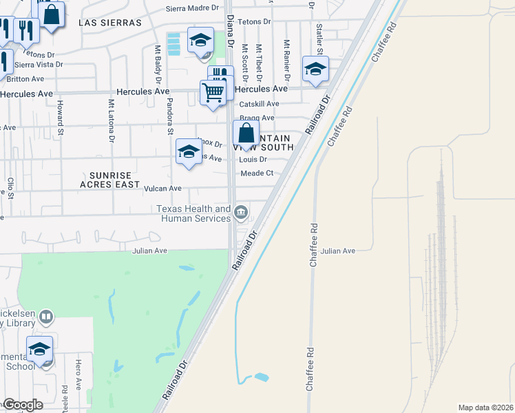 map of restaurants, bars, coffee shops, grocery stores, and more near 5037 Riley Court in El Paso