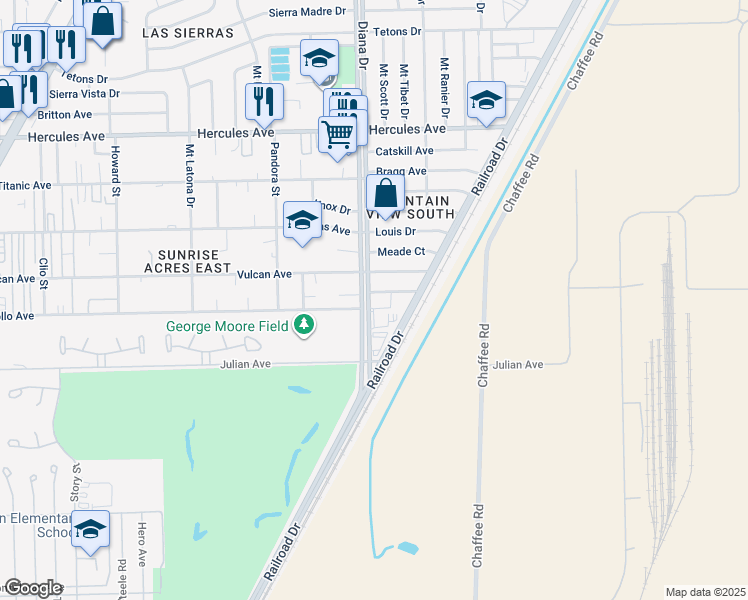 map of restaurants, bars, coffee shops, grocery stores, and more near 5012 Riley Court in El Paso