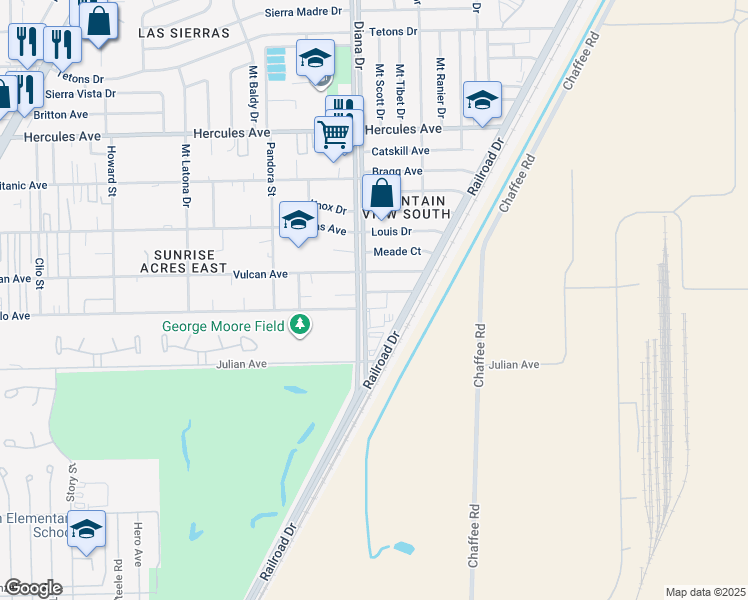 map of restaurants, bars, coffee shops, grocery stores, and more near 5012 Riley Court in El Paso