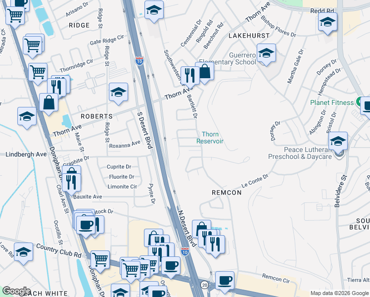 map of restaurants, bars, coffee shops, grocery stores, and more near 7777 Oak Landing Drive in El Paso