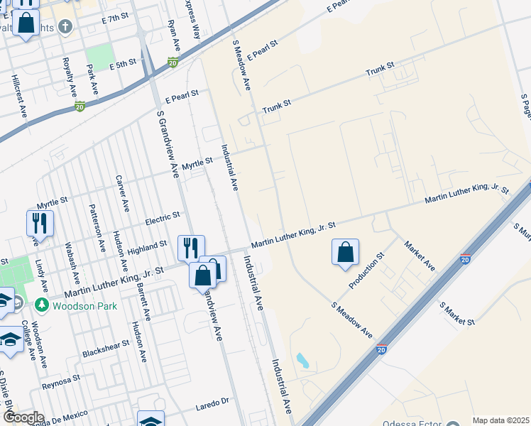map of restaurants, bars, coffee shops, grocery stores, and more near 506 South Meadow Avenue in Odessa