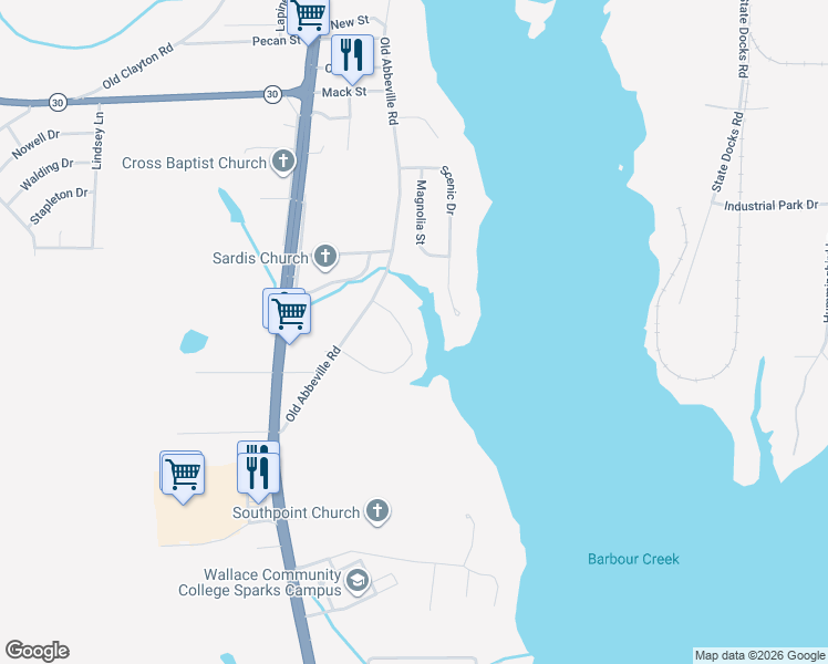 map of restaurants, bars, coffee shops, grocery stores, and more near 282 Ann Drive in Eufaula