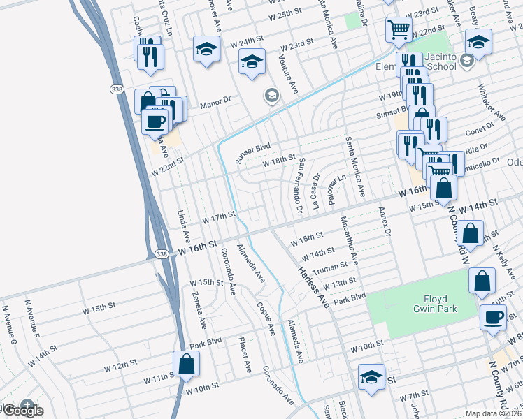 map of restaurants, bars, coffee shops, grocery stores, and more near 1611 Glendale Avenue in Odessa