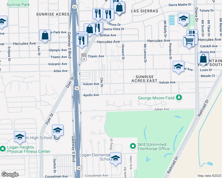 map of restaurants, bars, coffee shops, grocery stores, and more near 4617 Apollo Avenue in El Paso