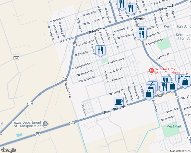map of restaurants, bars, coffee shops, grocery stores, and more near 815 Hendricks Street in Kermit